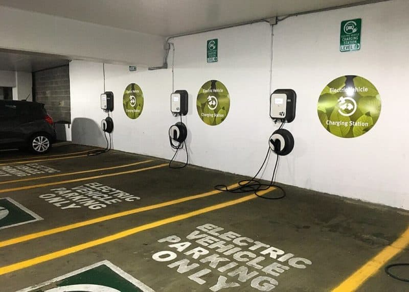 A garage with multifamily EV charging stations