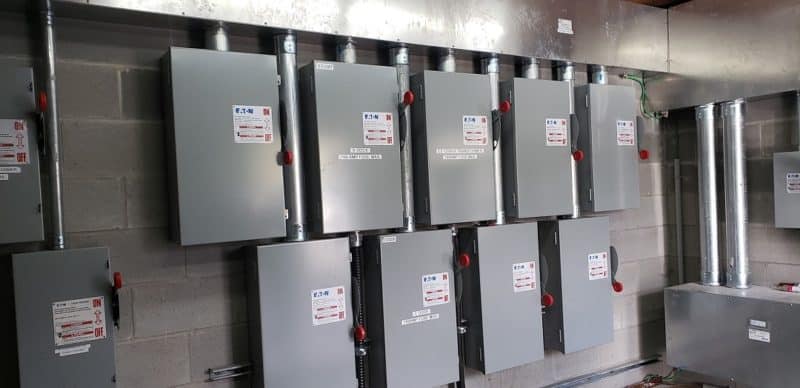 a group of electrical panels