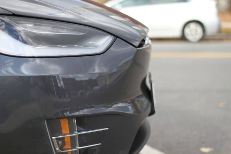 close up of a grey Tesla