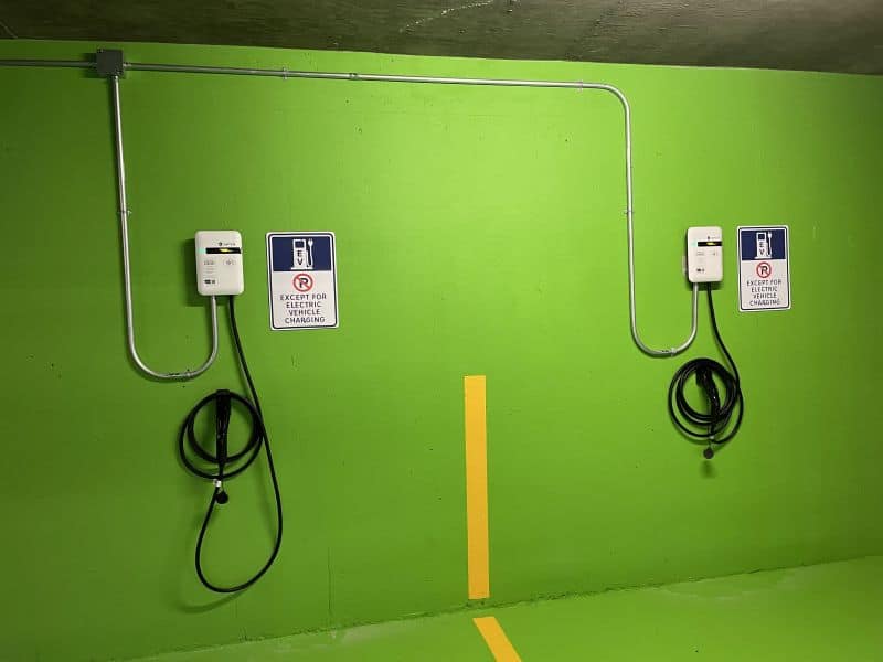 two new EV charging stations in a parking garage