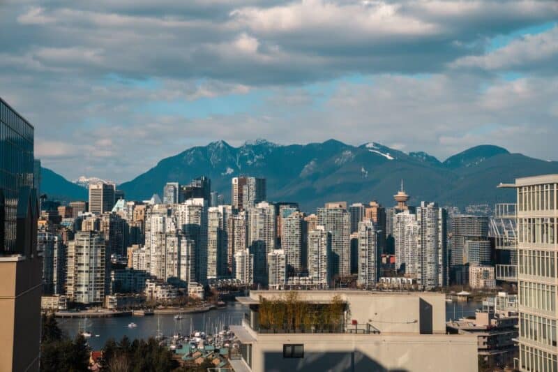 downtown Vancouver, BC with mountains in the background
